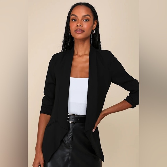 Lulus Open Blazer S Black Thin Tuxedo Collar Long Sleeve Faux Pockets Jacket - Picture 1 of 5